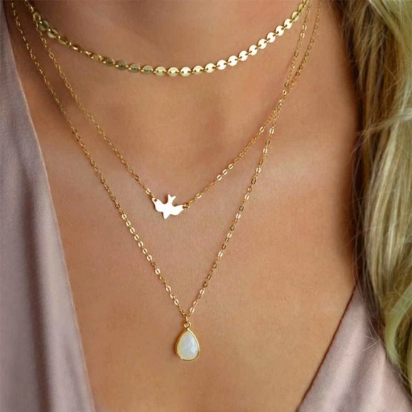 Jewelry - Gold Triple Layered Dove Bird Stone Chain Necklace